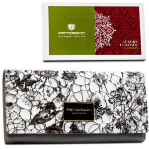 Poziomy portfel damski ze skóry naturalnej w kwiatowy, kolorowy wzór, zamykany na zatrzask - Peterson