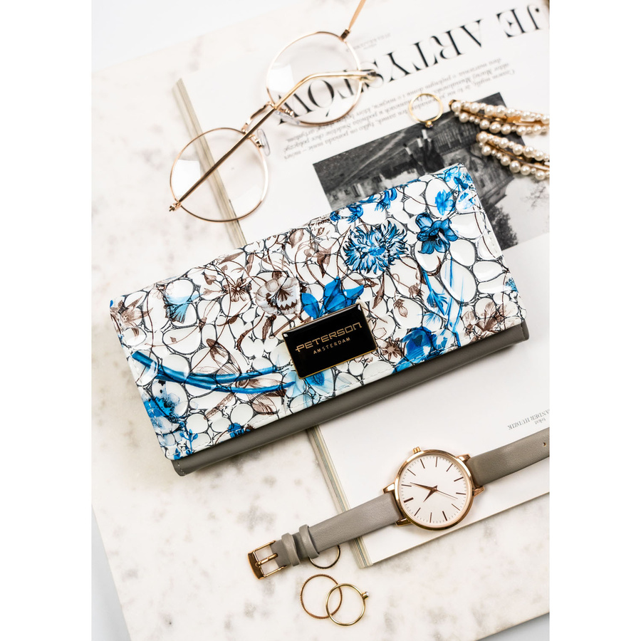 Poziomy portfel damski w kwiatowy wzór z wewnętrzną kieszonką na suwak - Peterson - obrazek 3