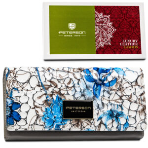 Portfel damski ze skóry naturalnej w kwiatowy wzór wyposażony w system RFID - Peterson