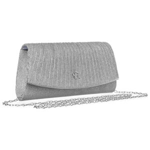 Brokatowa kopertówka damska w srebrnym kolorze zawieszona na łańcuszku - Rovicky