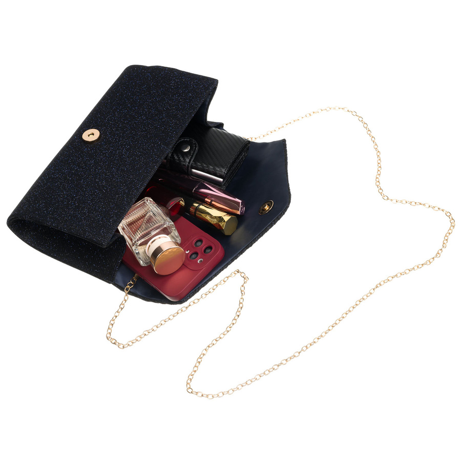 Brokatowa kopertówka damska w granatowym kolorze zawieszona na łańcuszku - Rovicky - obrazek 12