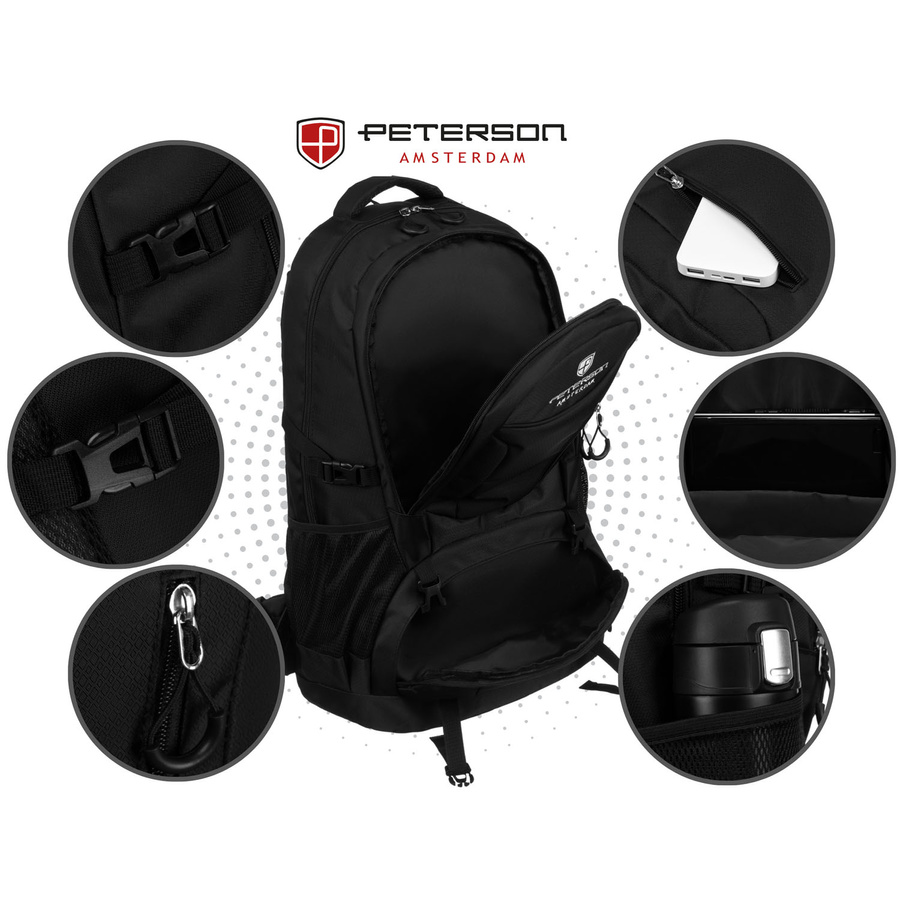 Czarny, turystyczny plecak z poliestru zawieszony na regulowanych szelkach - Peterson - obrazek 4