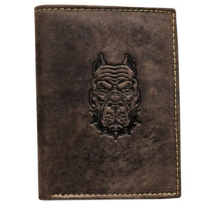 Portfel męski ze skóry naturalnej w brązowym kolorze z tłoczeniem w kształcie głowy psa