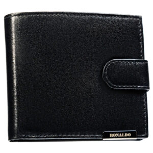 Czarny, poziomy, pojemny portfel męski ze skóry naturalnej zamykany zatrzaskiem - Ronaldo