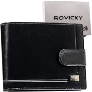 Portfel męski ze skóry naturalnej w czarnym kolorze zamykany zatrzaskiem - Rovicky