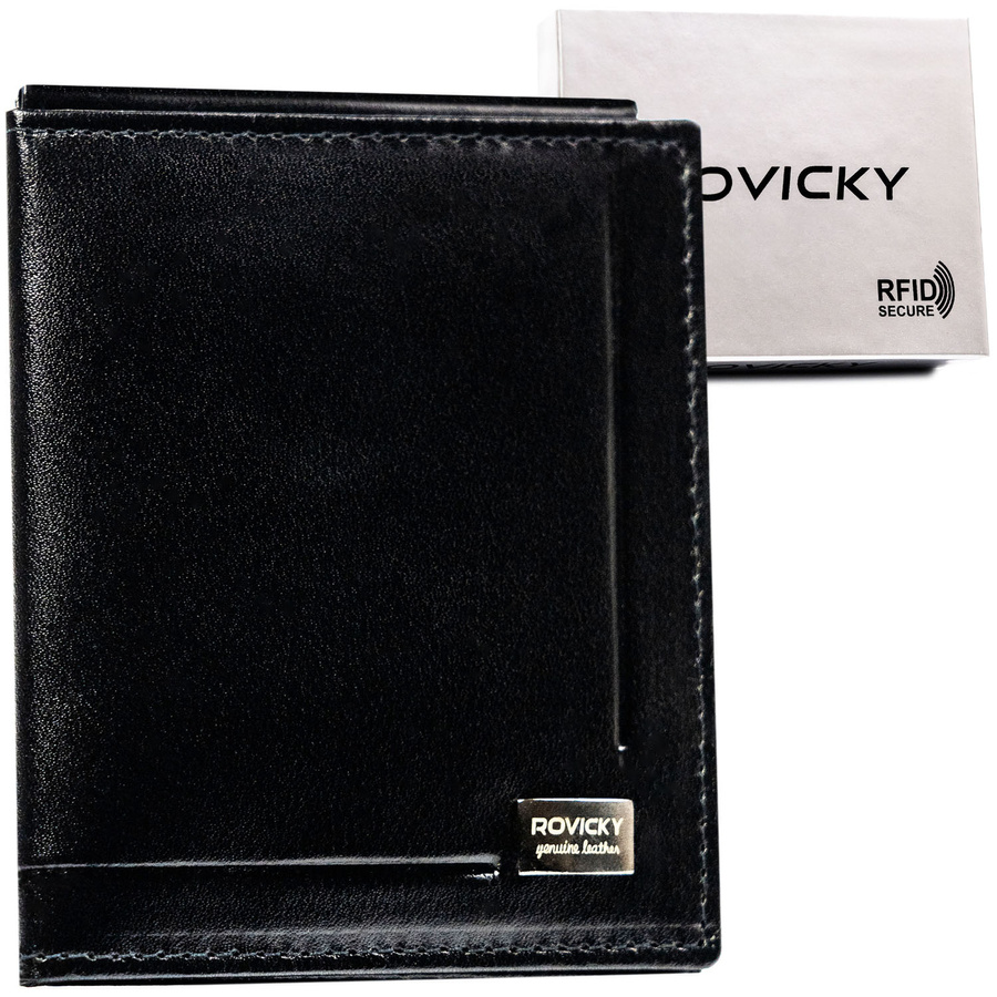 Banknotówka męska ze skóry naturalnej w czarnym kolorze - Rovicky