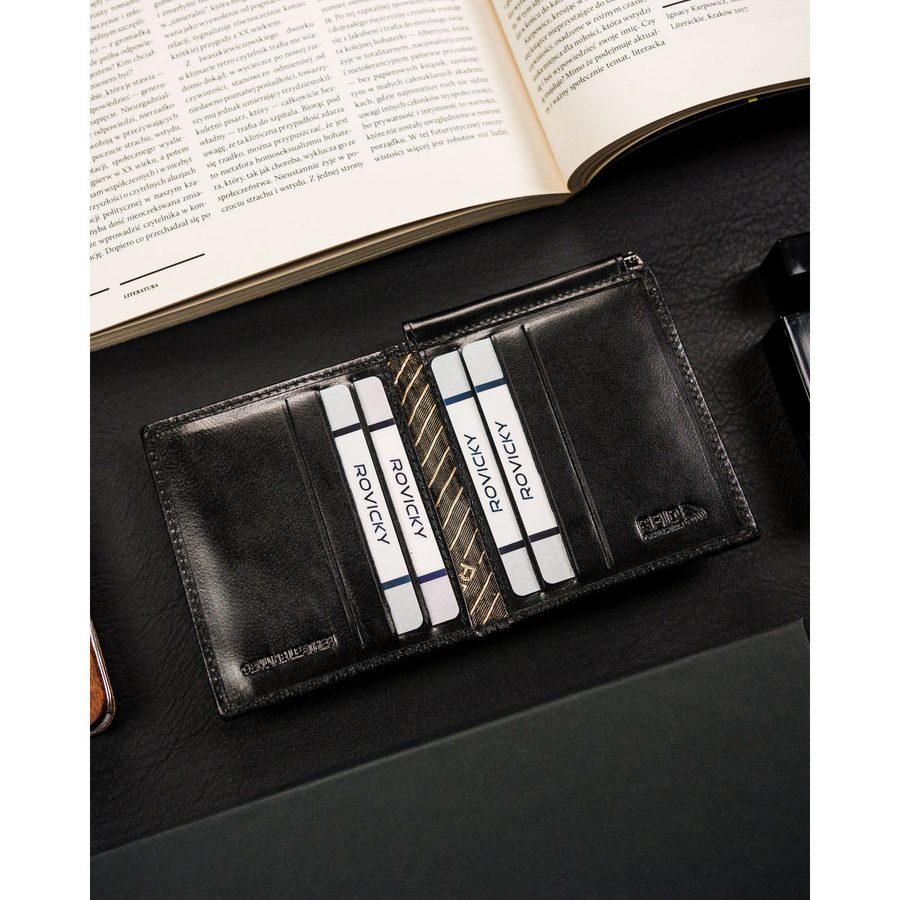 Banknotówka męska ze skóry naturalnej w czarnym kolorze - Rovicky - obrazek 7