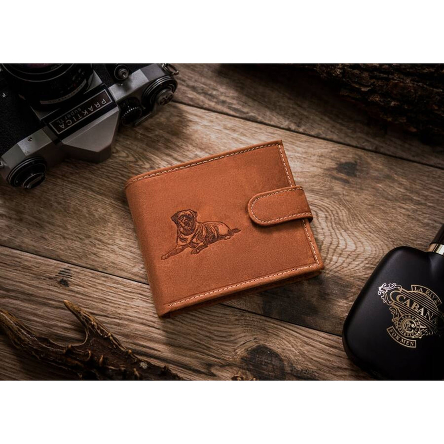 Skórzany, brązowy portfel męski z tłoczeniem na froncie przedstawiającym psa - obrazek 2
