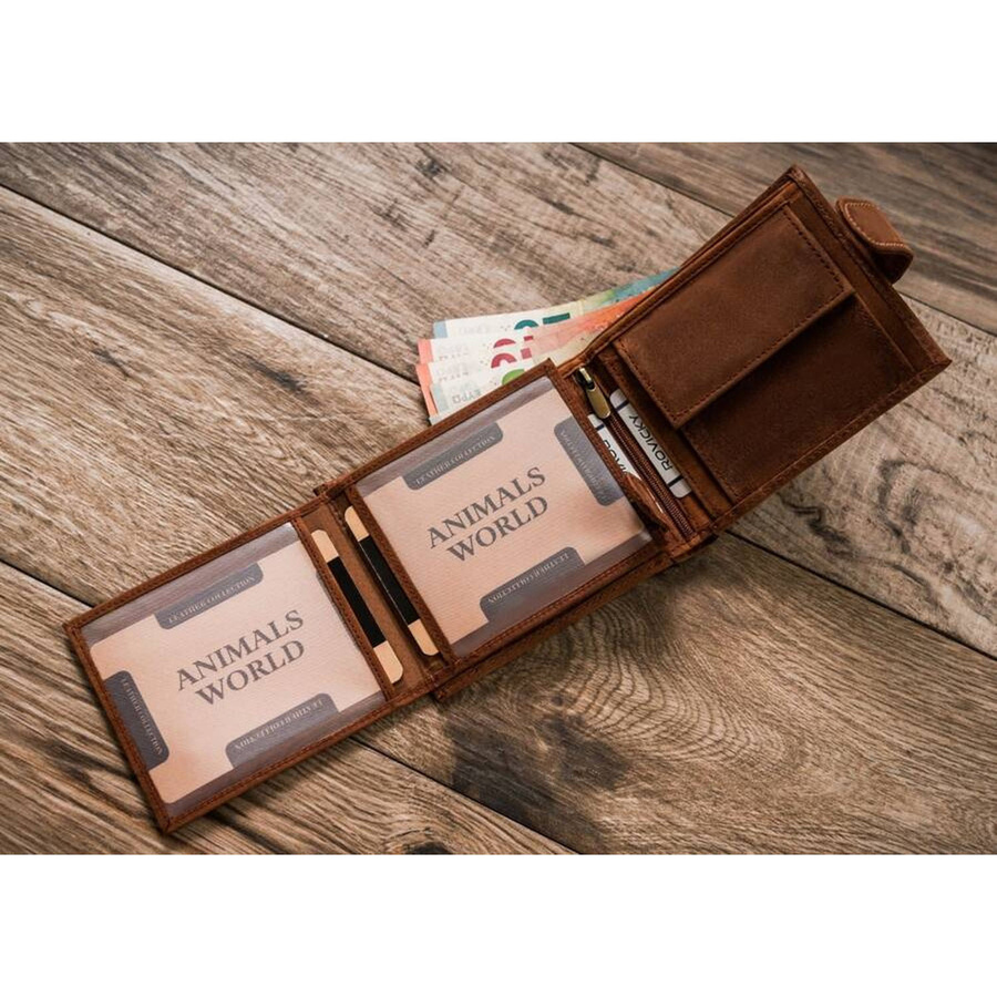 Skórzany, brązowy portfel męski z tłoczeniem na froncie przedstawiającym psa - obrazek 6
