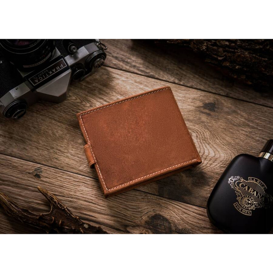 Skórzany, brązowy portfel męski z tłoczeniem na froncie przedstawiającym psa - obrazek 4