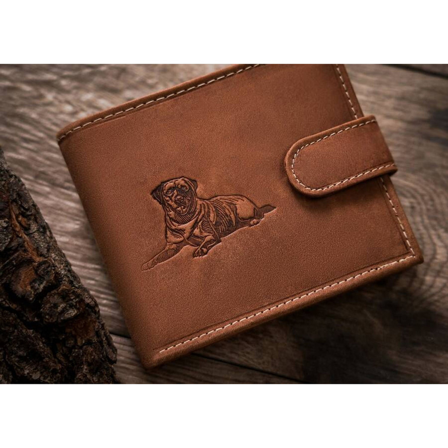 Skórzany, brązowy portfel męski z tłoczeniem na froncie przedstawiającym psa - obrazek 3