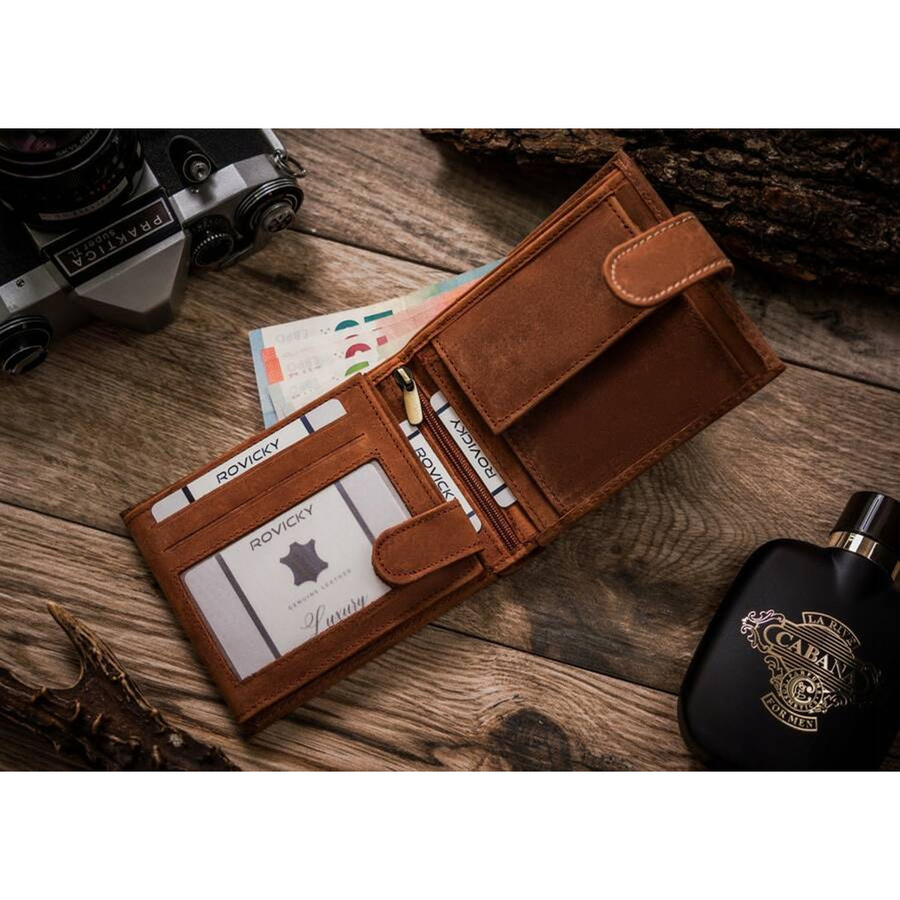 Skórzany, brązowy portfel męski z tłoczeniem na froncie przedstawiającym psa - obrazek 5