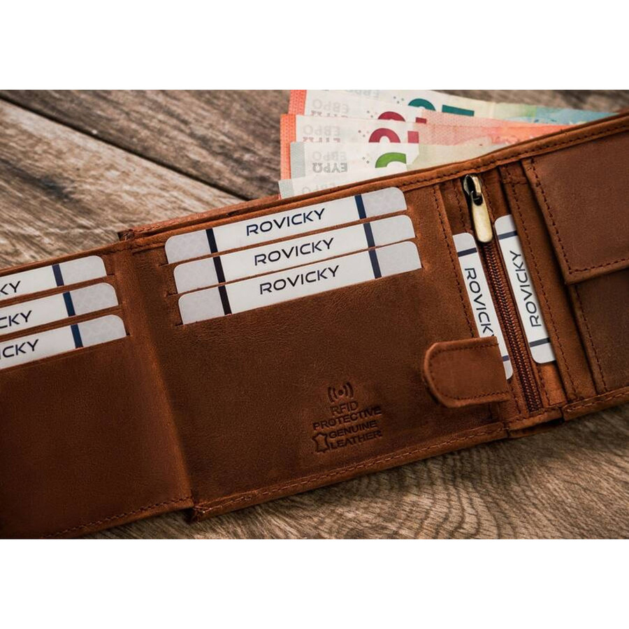 Skórzany, brązowy portfel męski z tłoczeniem na froncie przedstawiającym psa - obrazek 9