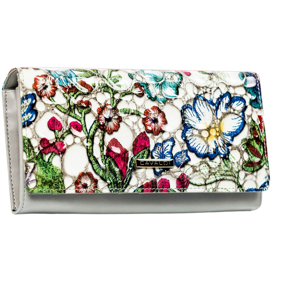 Wielokolorowy portfel damski w kwiaty wykonany ze skóry naturalnej i ekologicznej - 4U Cavaldi