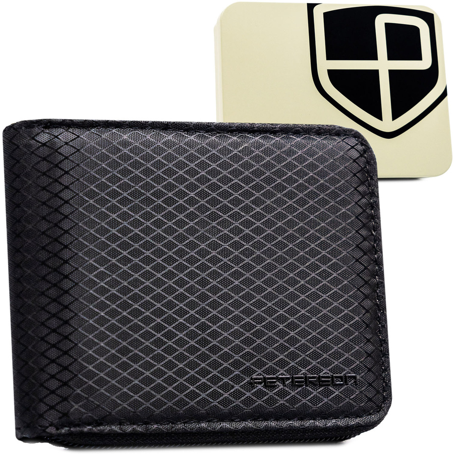 Portfel męski w czarnym kolorze z modnym, geometrycznym wzorem - Peterson