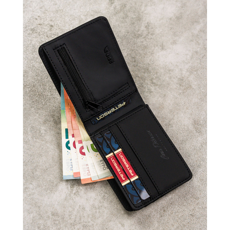 Czarny portfel męski z modnym, geometrycznym wzorem, bez zapięcia zewnętrznego - Peterson - obrazek 7