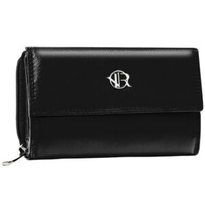 Modny, skórzany portfel damski na zatrzask w czarnym kolorze - Rovicky
