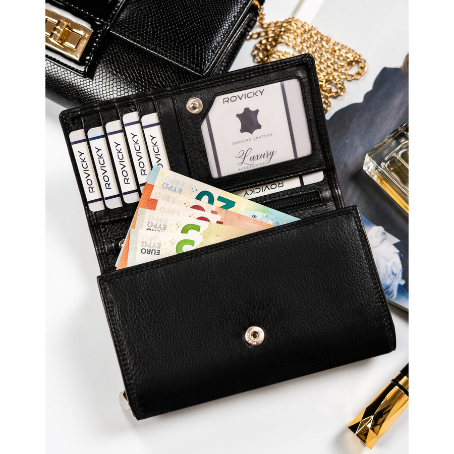 Czarny, skórzany portfel damski z systemem RFID - Rovicky - obrazek 7