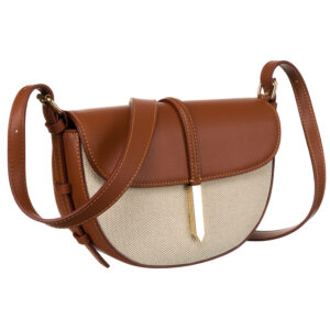 Półokrągła beżowo - brązowa listonoszka damska ze skóry naturalnej i płótna canvas Peterson