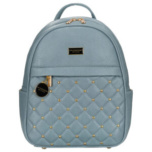 Niebieski, modny, pikowany plecak damski ze złotymi nitami i modnym brelokiem eko skóra Peterson