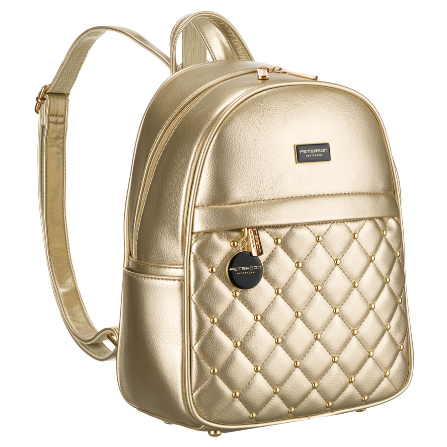 Złoty pikowany błyszczący plecak damski ze skóry ekologicznej mały Peterson - obrazek 2