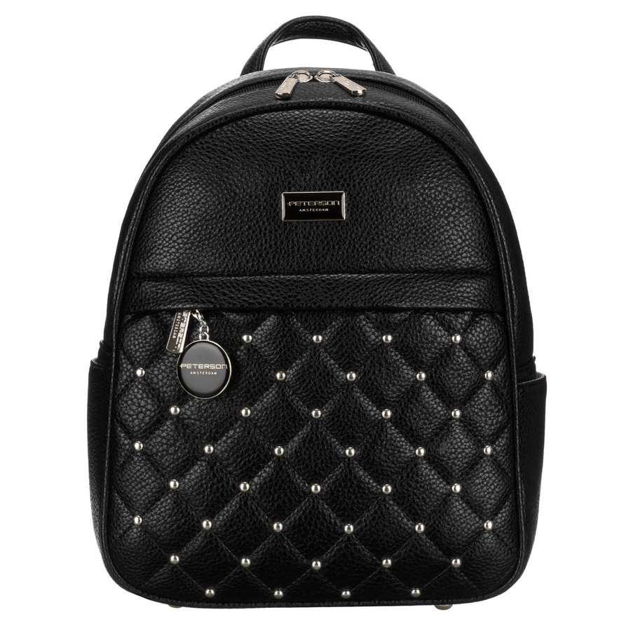 Elegancki czarny mały plecak damski zdobiony pikowaniem i srebrnymi nitami eko skóra Peterson