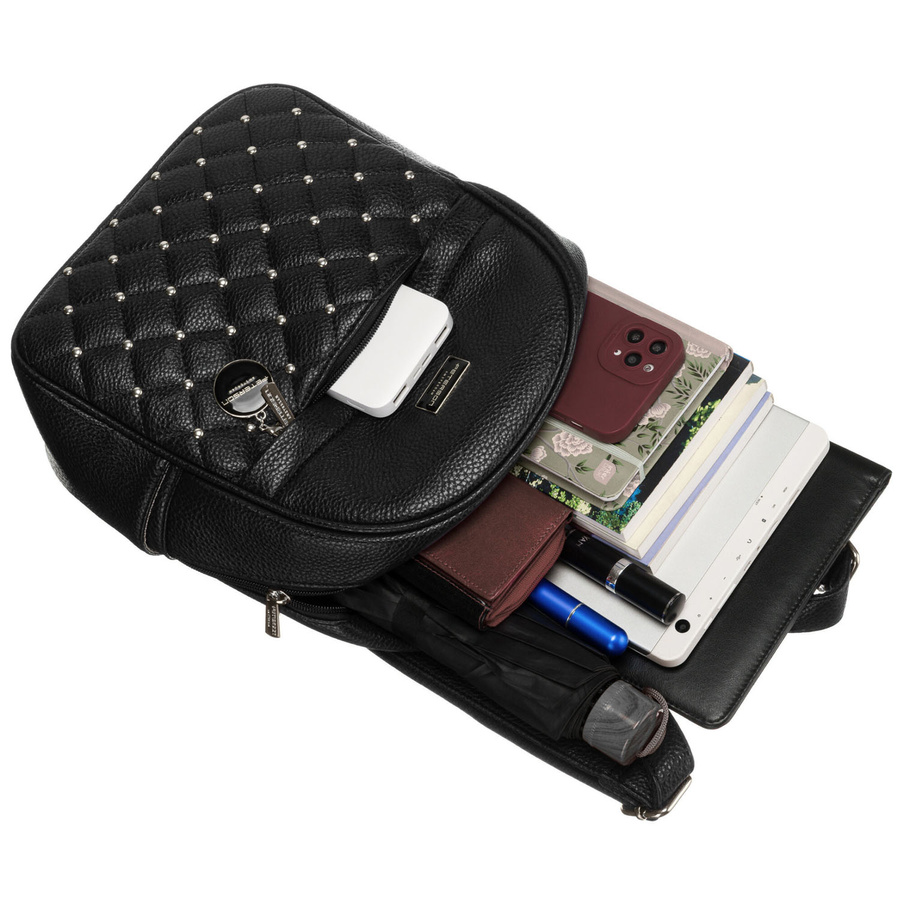 Elegancki czarny mały plecak damski zdobiony pikowaniem i srebrnymi nitami eko skóra Peterson - obrazek 9