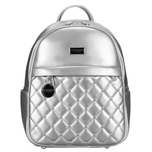 Błyszczący srebrny plecak damski zdobiony pikowaniem i nitami eko skóra Peterson