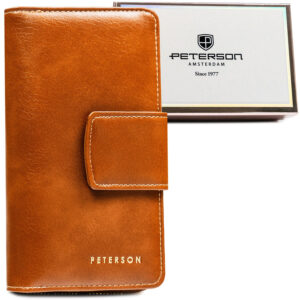 Brązowy, pionowy portfel damski ze skóry ekologicznej zamykany na zatrzask i suwak - Peterson
