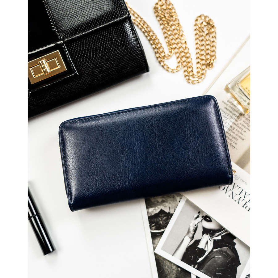 Portfel damski ze skóry ekologicznej zamykany na zatrzask i suwak. Portfel w granatowym kolorze - Peterson - obrazek 5