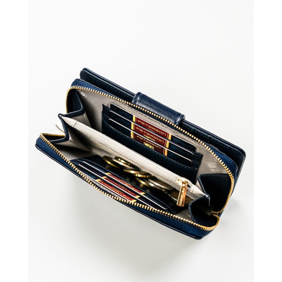 Portfel damski ze skóry ekologicznej zamykany na zatrzask i suwak. Portfel w granatowym kolorze - Peterson - obrazek 8