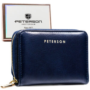 Mały, granatowy portfel damski ze skóry ekologicznej wyposażony w system RFID - Peterson