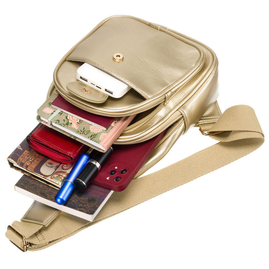 Złota błyszcząca saszetka nerka damska ze skóry ekologicznej plecaczek na jedno ramię Peterson - obrazek 9