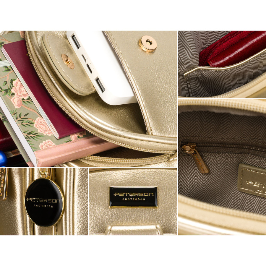 Złota błyszcząca saszetka nerka damska ze skóry ekologicznej plecaczek na jedno ramię Peterson - obrazek 8