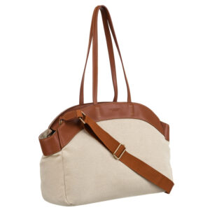 Duża torba damska wykonana ze skóry naturalnej i włókna poliamidowego w beżowo-brązowym kolorze - Peterson