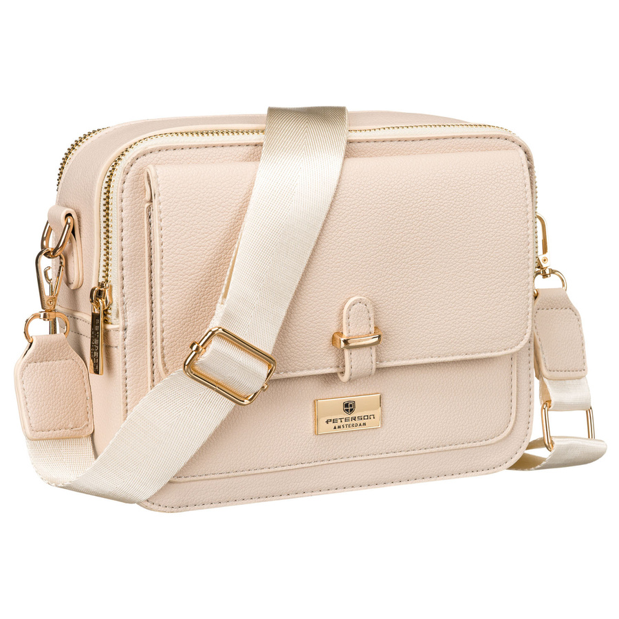 Listonoszka damska ze skóry ekologicznej w beżowym kolorze zapinana na magnes i suwak - Peterson - obrazek 3