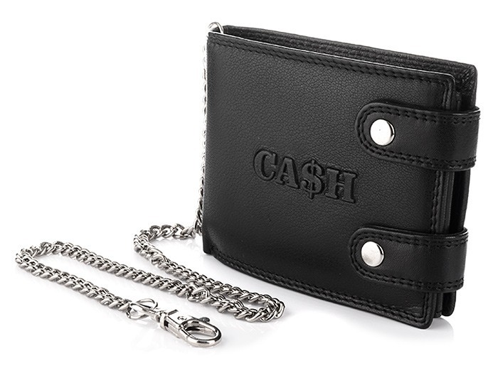 Czarny męski skórzany portfel z łańcuchem CASH R64